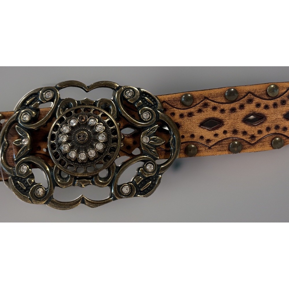 ALDO Women's chic Western Brown Leather Belt Rhinestone Bronze Flower Buckle XL
